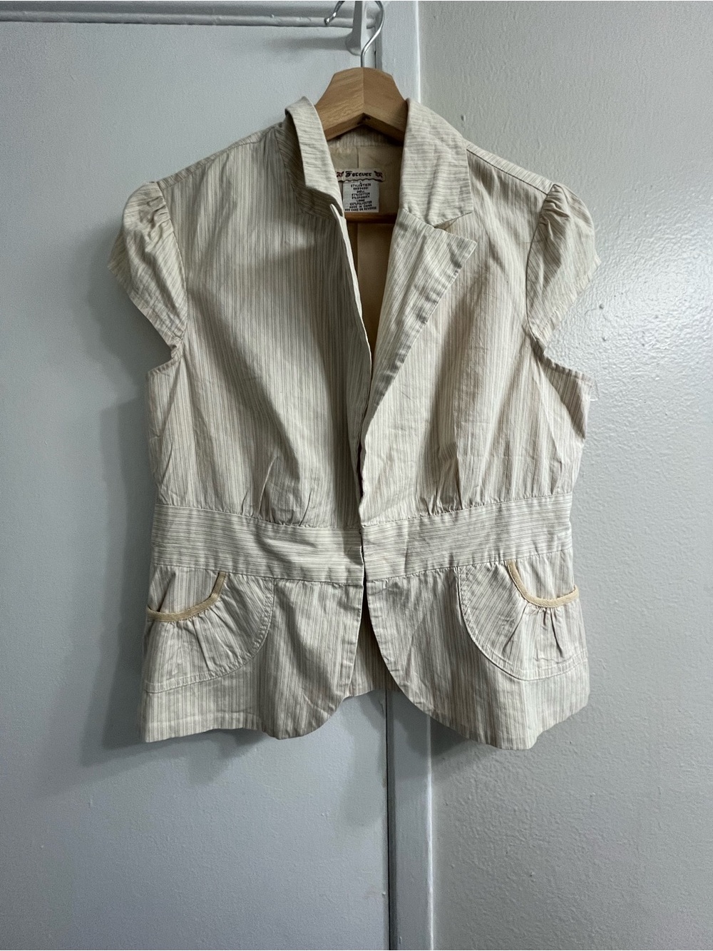 2000s Y2K Forever 21 Cream Striped Cap Sleeve Blazer